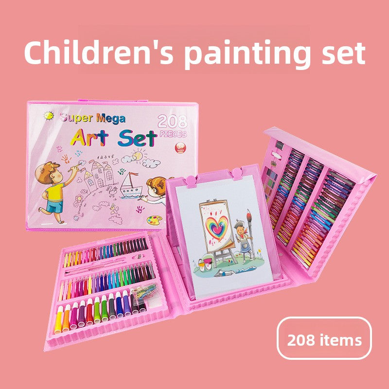Pink 208-Piece Kids Art Set with Built-in Trifold Easel Drawing and Painting Kit for Students with Watercolor Pens Crayons and Pencils for Aussie Homes - Image 2