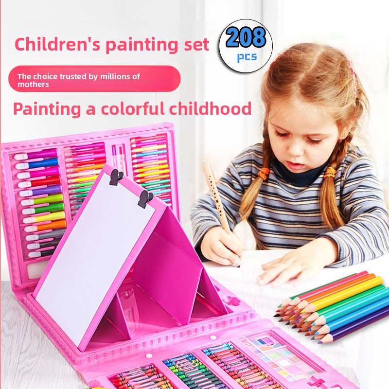Pink 208-Piece Kids Art Set with Built-in Trifold Easel Drawing and Painting Kit for Students with Watercolor Pens Crayons and Pencils for Aussie Homes - Image 3