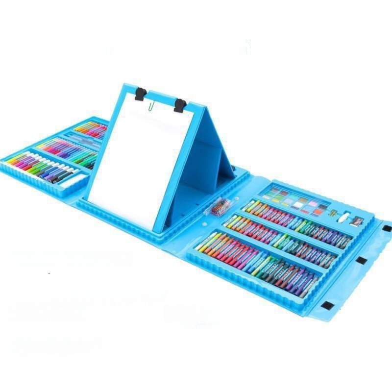 Blue 208-Piece Kids Art Set with Built-in Trifold Easel Drawing and Painting Kit for Students with Watercolor Pens Crayons and Pencils for Aussie Homes