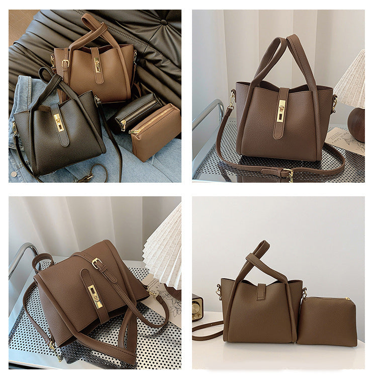 Black Retro 2-Piece Women's Bucket Bag Set with Removable Inner Pouch PU Leather Crossbody Handbag and Fashionable Tote for Australian Everyday Use - Image 2