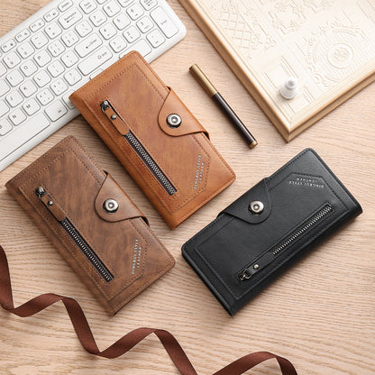 Light coffee Vintage Men's Long Wallet Slim PU Leather Clutch with Multi Card Slots and External Zipper Pocket, Large Capacity Fashion Purse for Daily Use - Image 4