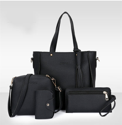 Black 4-Piece Women Bag Set Lychee Grain PU Leather Large Capacity Tote Shoulder Bag Crossbody Clutch and Card Holder for Daily Travel and Work Use