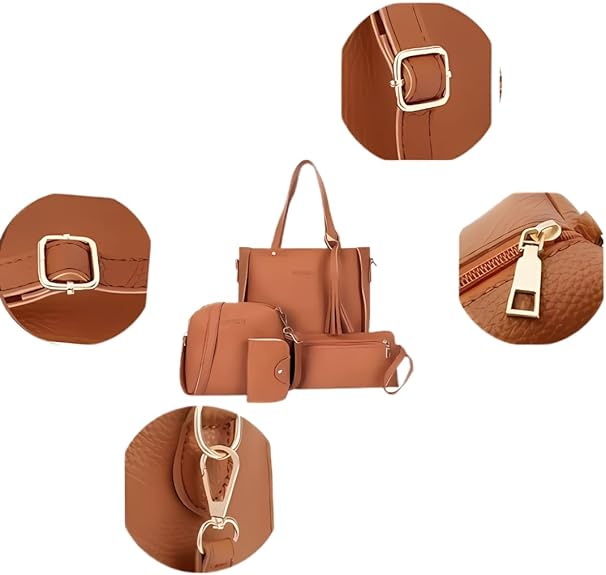 Black 4-Piece Women Bag Set Lychee Grain PU Leather Large Capacity Tote Shoulder Bag Crossbody Clutch and Card Holder for Daily Travel and Work Use - Image 3