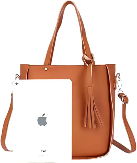 Brown 4-Piece Women Bag Set Lychee Grain PU Leather Large Capacity Tote Shoulder Bag Crossbody Clutch and Card Holder for Daily Travel and Work Use - Image 2