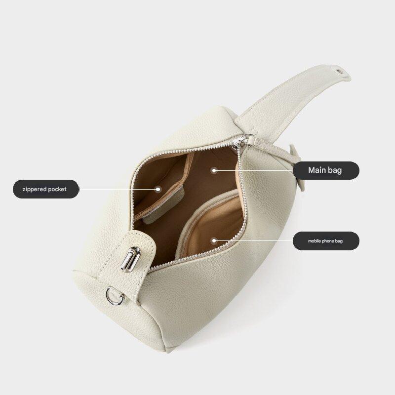 Grey Women Genuine First Layer Cowhide Boston Bag Fashionable Handheld Crossbody Shoulder Bag with 115cm Adjustable Strap - Image 4