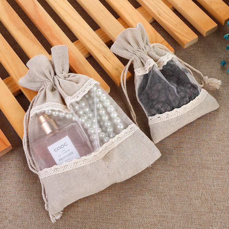 White 10 Pack Linen Canvas Drawstring Gift Bags with Lace Trim and Mesh Window 10x14cm Elegant Pouches for Jewelry Wedding Favours and Sachets - Image 2