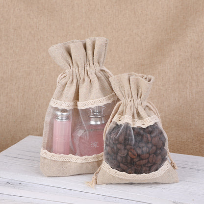 White 10 Pack Linen Canvas Drawstring Gift Bags with Lace Trim and Mesh Window 10x14cm Elegant Pouches for Jewelry Wedding Favours and Sachets - Image 3