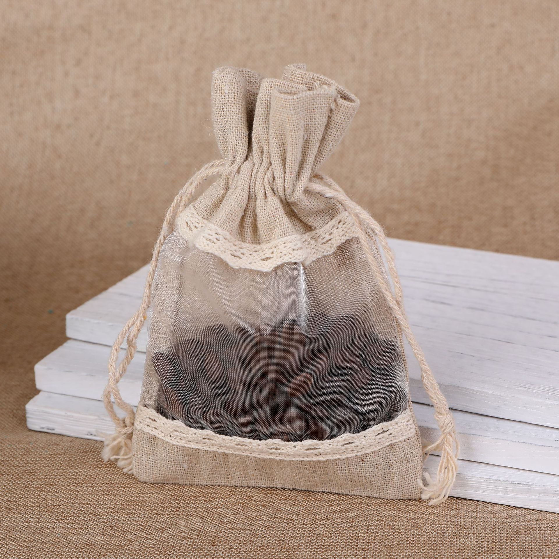 Brownish-gray 10 Pack Linen Canvas Drawstring Gift Bags with Lace Trim and Mesh Window 13x18cm Versatile Pouches for Wedding Favours and Home Storage in Australia
