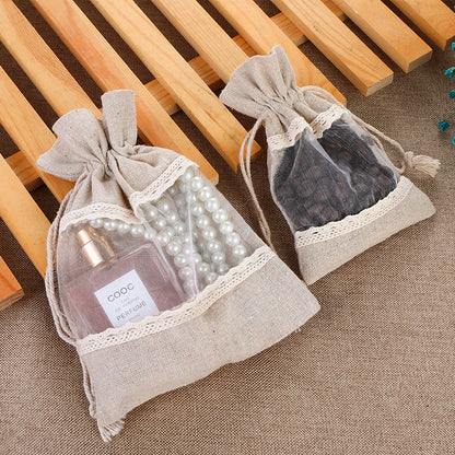 Brownish-gray 10 Pack Linen Canvas Drawstring Gift Bags with Lace Trim and Mesh Window 13x18cm Versatile Pouches for Wedding Favours and Home Storage in Australia - Image 2