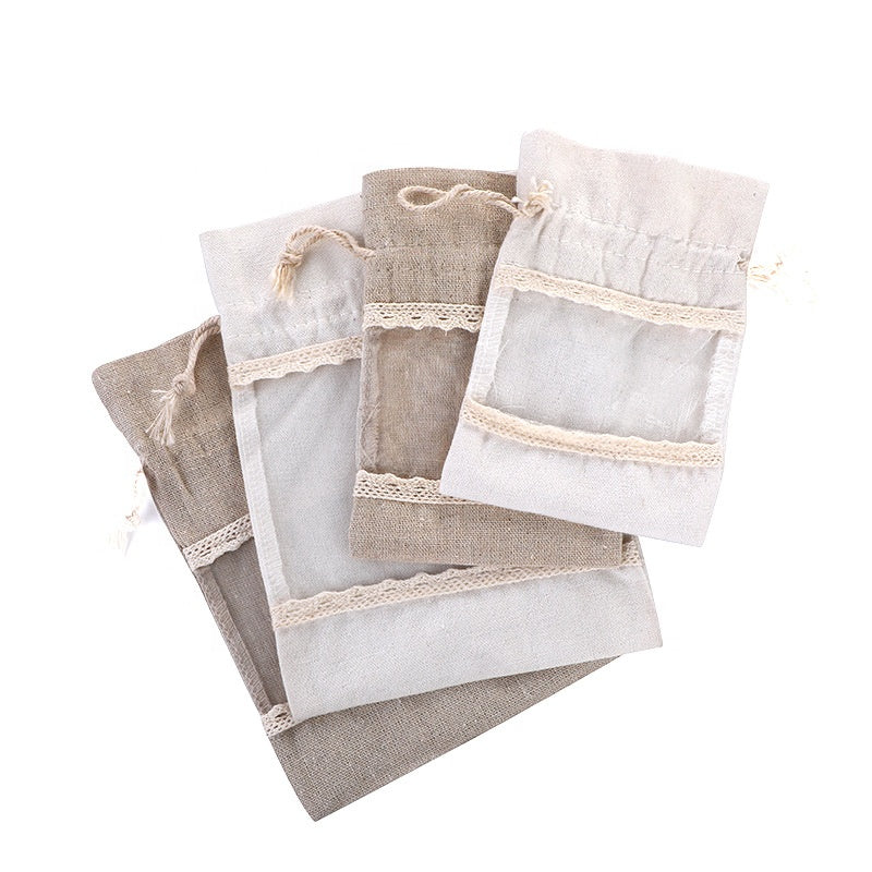 White 10 Pack Linen Canvas Drawstring Gift Bags with Lace Trim and Mesh Window 13x18cm Versatile Pouches for Wedding Favours and Home Storage in Australia - Image 4