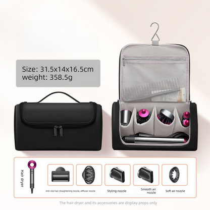 Black Portable Hair Dryer and Curler Storage Bag Waterproof PU Leather Travel Case with Hanging Hook for Local Professionals and Modern Lifestyles