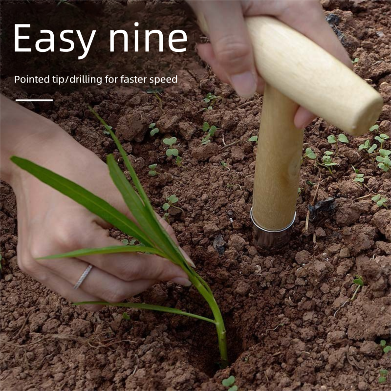 2 Pack Gardening Dibber with T-Shaped Wooden Handle Chrome Tip Seed Sower and Transplanting Tool with Measurement Scale for Local Garden Maintenance - Image 2