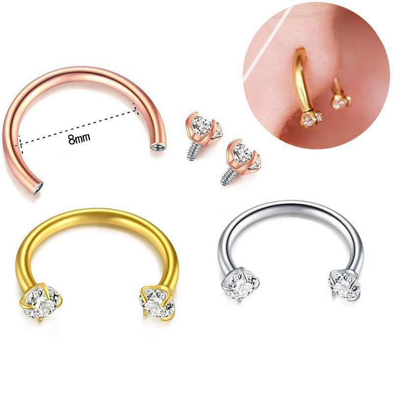 2-PCS Champagne G23 Titanium Horseshoe Ring with 5A Zircon Internal Thread for Nose Ear Lip Septum Piercing Hypoallergenic Jewelry for Local Trendsetters - Image 3