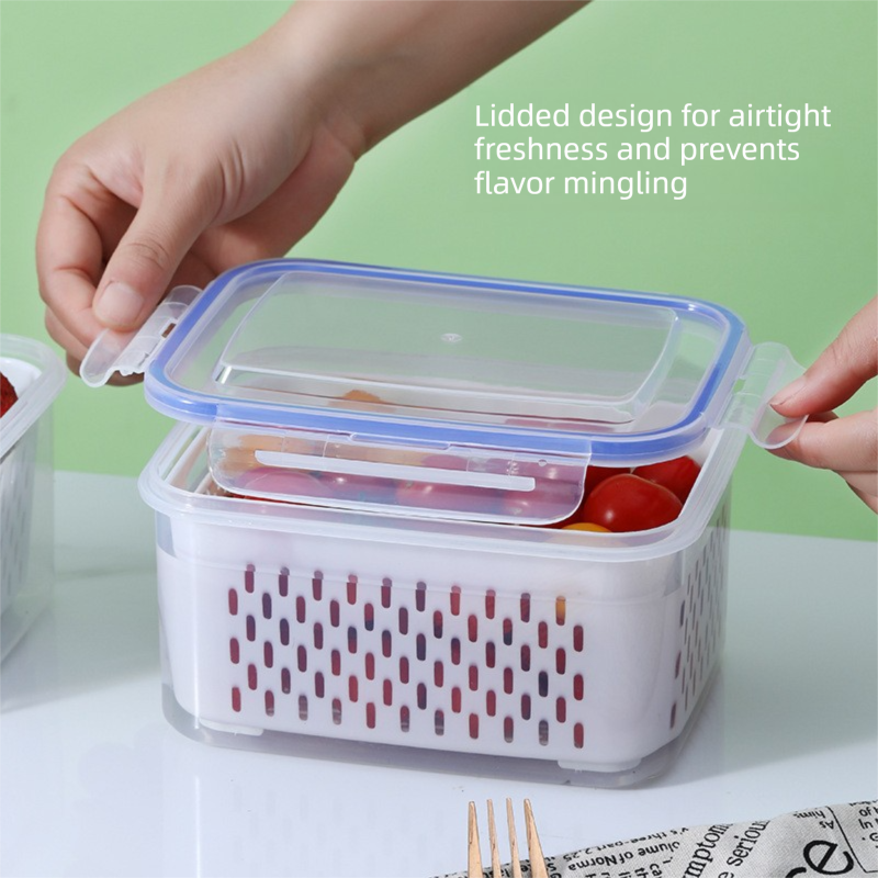 Grey 3-Piece Refrigerator Food Storage Container Set with Drain Basket and Airtight Lid 850ml 1750ml 3300ml Stackable Produce Saver for Local Homes - Image 2