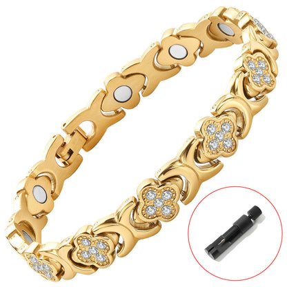 Black New Fashion Lightweight Luxury Four-Leaf Clover Diamond Inlaid Bracelet - Alloy Magnetic Watch Band Style Bracelet for Women + Free Disassembly Tool - Image 4