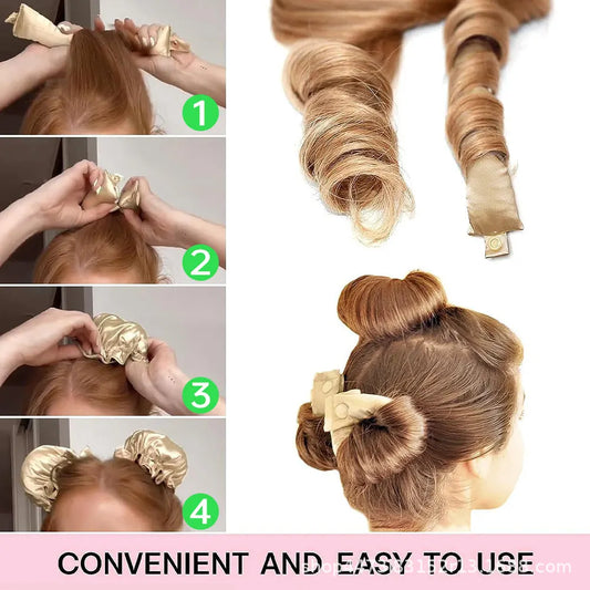 khaki Heatless Hair Curler Set with Satin Ribbon and Sleep Caps for Overnight Big Waves Easy Damage-Free Styling Solution for Local Women Professional Kit - Image 3
