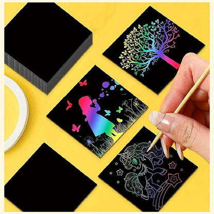 Green Rainbow Scratch Art Paper Notes 200 Sheets 2 Pack with Wooden Styluses for Kids DIY Drawing Mess-Free Creative Toy for Local Home and School Activities - Image 3