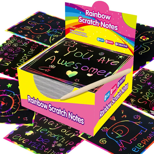 Red Rainbow Scratch Art Paper Notes 200 Sheets 2 Pack with Wooden Styluses for Kids DIY Drawing Mess-Free Creative Toy for Local Home and School Activities