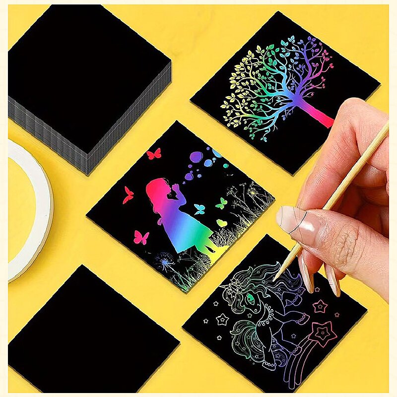 Red Rainbow Scratch Art Paper Notes 200 Sheets 2 Pack with Wooden Styluses for Kids DIY Drawing Mess-Free Creative Toy for Local Home and School Activities - Image 3