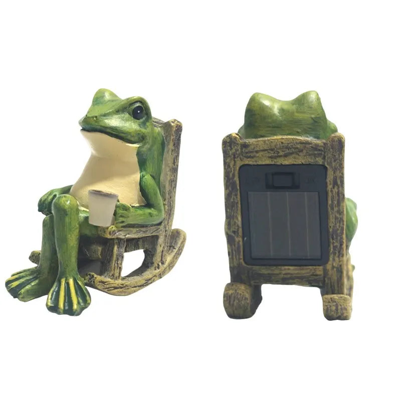 Solar Powered Rocking Chair Frog Garden Statue Resin Animal Sculpture with LED Glowing Cup for Patio Backyard Landscape Charming Decor for Local Homes