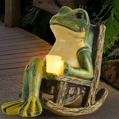 Solar Powered Rocking Chair Frog Garden Statue Resin Animal Sculpture with LED Glowing Cup for Patio Backyard Landscape Charming Decor for Local Homes - Image 2