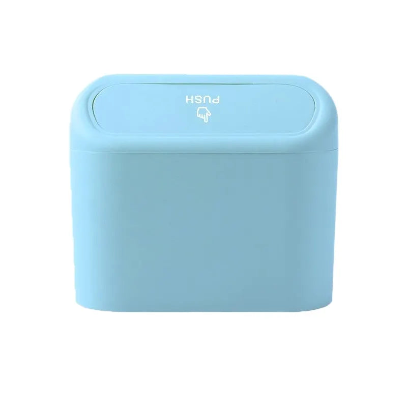 Blue Compact Car Trash Can 2 Pack Hanging Storage Bin with Push Lid for Vehicle Door and Seat Back Universal Fit Waste Management Solution for Local Drivers