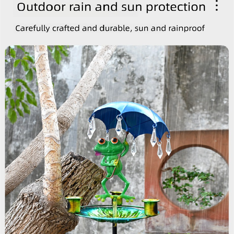 Decorative Metal Frog Bird Feeder Ground Stake with Umbrella and Feeding Tray for Local Gardens Weather-Resistant Outdoor Wildlife Support Solution - Image 2