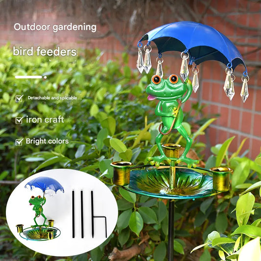 Decorative Metal Frog Bird Feeder Ground Stake with Umbrella and Feeding Tray for Local Gardens Weather-Resistant Outdoor Wildlife Support Solution - Image 4