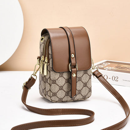 Brown rhombus Women's Mini Crossbody Phone Bag Compact PU Leather with Multiple Pockets and Headphone Port for Daily Travel Stylish Hands-Free Storage for Local Fashion