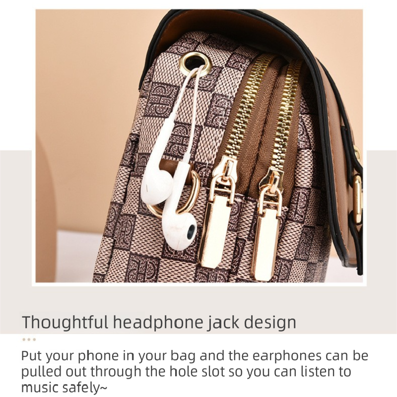 Brown rhombus Women's Mini Crossbody Phone Bag Compact PU Leather with Multiple Pockets and Headphone Port for Daily Travel Stylish Hands-Free Storage for Local Fashion - Image 3