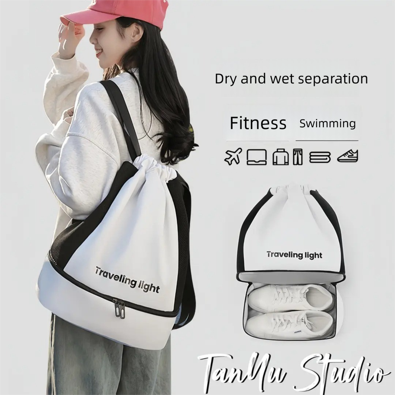 Black Waterproof Drawstring Swimming Backpack with Wet Dry Separation and Shoe Compartment for Gym and Yoga Organized Gear Bag for Local Active Lifestyles - Image 3