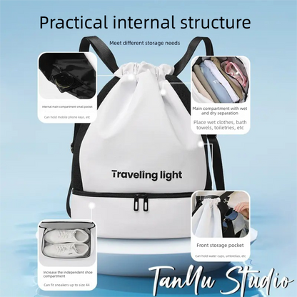 Black Waterproof Drawstring Swimming Backpack with Wet Dry Separation and Shoe Compartment for Gym and Yoga Organized Gear Bag for Local Active Lifestyles - Image 4