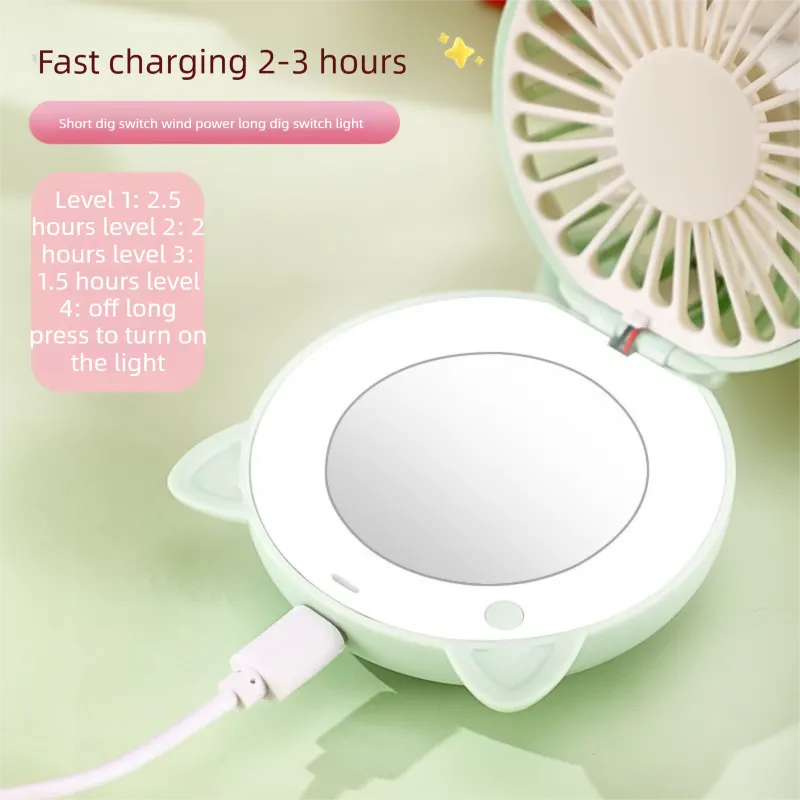 Pink 3-in-1 Mini Portable Fan with Makeup Mirror and LED Fill Light USB Rechargeable Pocket Sized Cooling Solution for Students and Local Professionals - Image 2