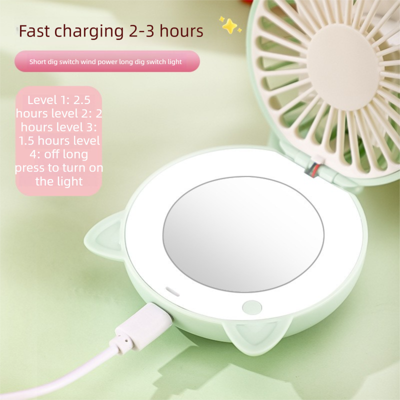 Green 3-in-1 Mini Portable Fan with Makeup Mirror and LED Fill Light USB Rechargeable Pocket Sized Cooling Solution for Students and Local Professionals - Image 2