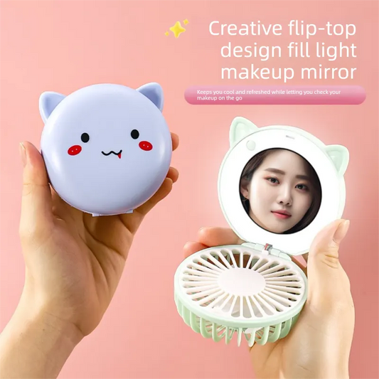 Green 3-in-1 Mini Portable Fan with Makeup Mirror and LED Fill Light USB Rechargeable Pocket Sized Cooling Solution for Students and Local Professionals - Image 3