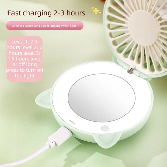 Blue 3-in-1 Mini Portable Fan with Makeup Mirror and LED Fill Light USB Rechargeable Pocket Sized Cooling Solution for Students and Local Professionals - Image 2