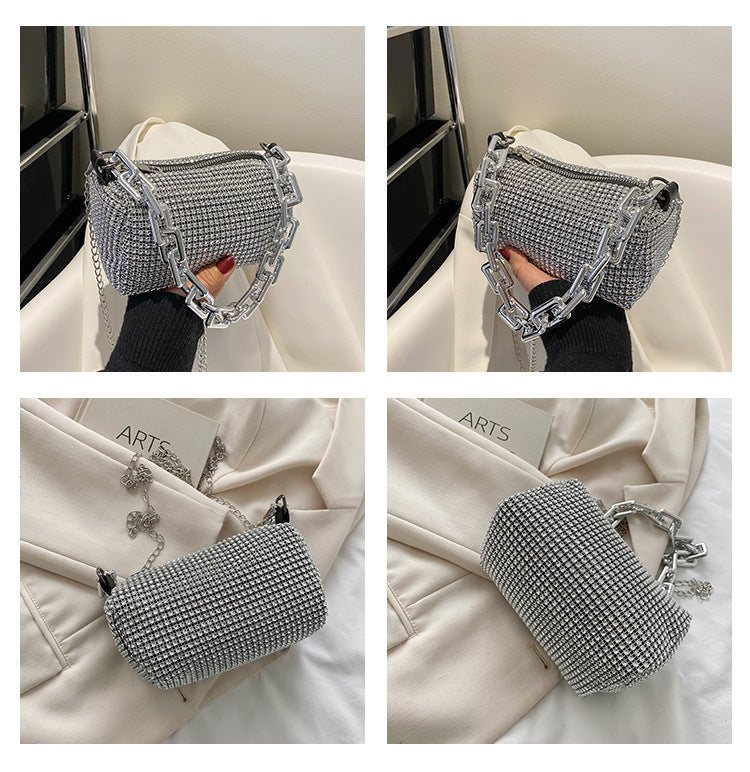 Black Mini Shoulder Bag for Women – Rhinestone-Embellished Pillow-Shaped Chain Bag with Fashionable Metal Hardware and Compact Design - Image 2