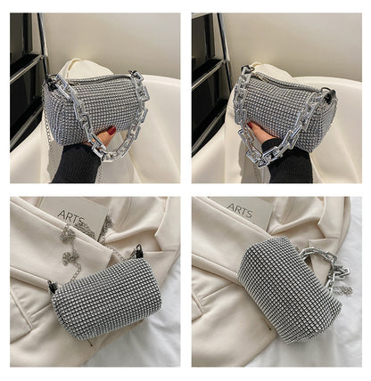 Black Mini Shoulder Bag for Women – Rhinestone-Embellished Pillow-Shaped Chain Bag with Fashionable Metal Hardware and Compact Design - Image 2
