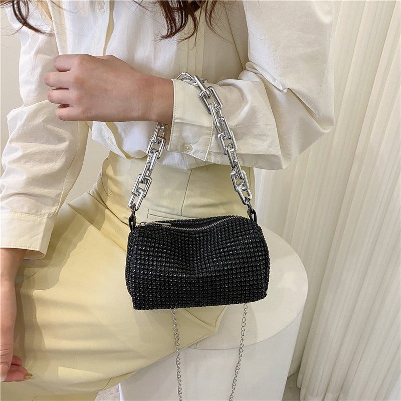 Black Mini Shoulder Bag for Women – Rhinestone-Embellished Pillow-Shaped Chain Bag with Fashionable Metal Hardware and Compact Design - Image 3