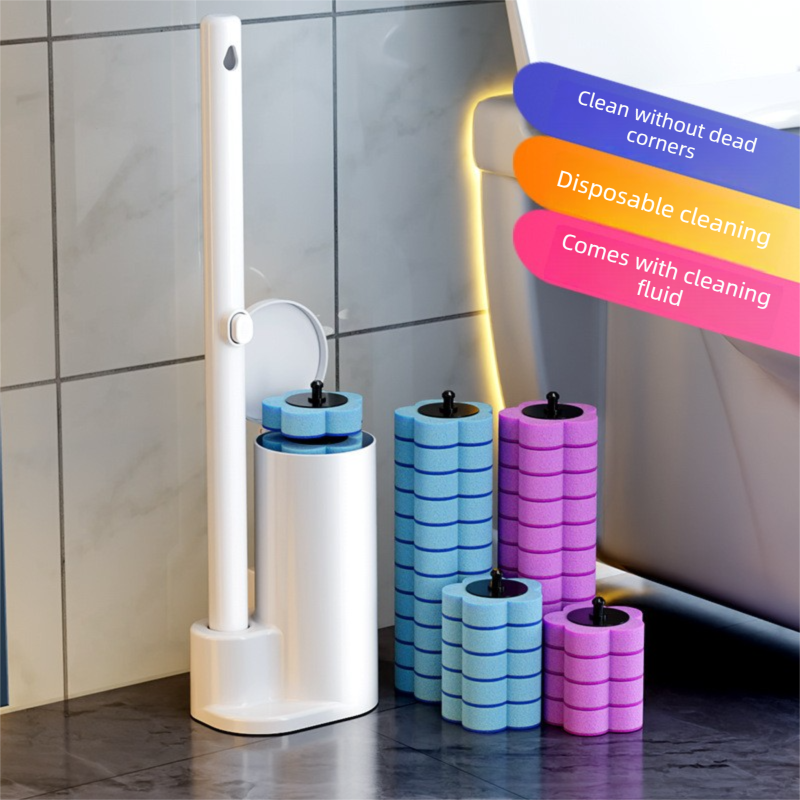 Grey Disposable Toilet Brush Set with Built-in Cleaner – Wall-Mountable, No-Drill Bathroom Cleaning Kit with Replaceable Heads(5 ocean-cleaning cotton pads) - Image 2