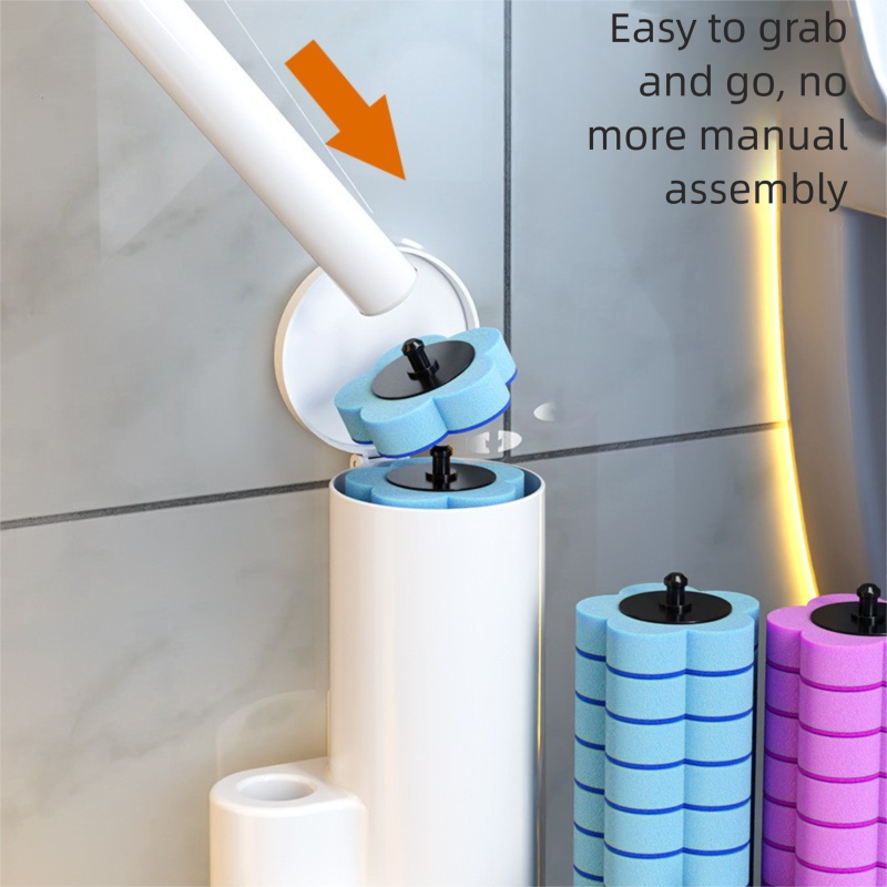 White Disposable Toilet Brush Set with Built-in Cleaner – Wall-Mountable, No-Drill Bathroom Cleaning Kit with Replaceable Heads(10 ocean-cleaning cotton pads) - Image 3