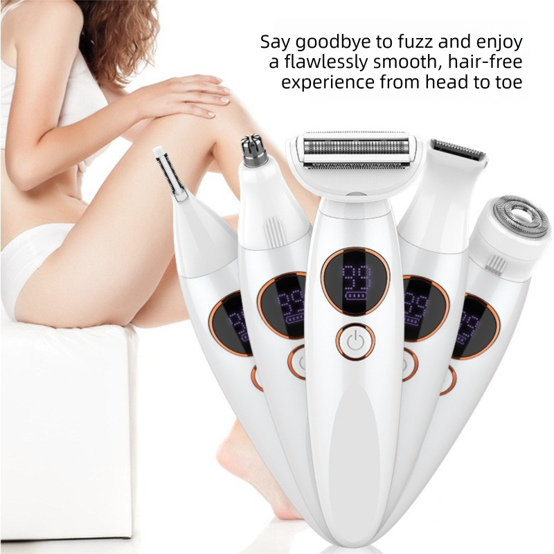 Pink 5-in-1 Women's Hair Removal Epilator – Multi-Function Body Grooming Kit with Waterproof Design, LED Display & USB Charging - Image 3