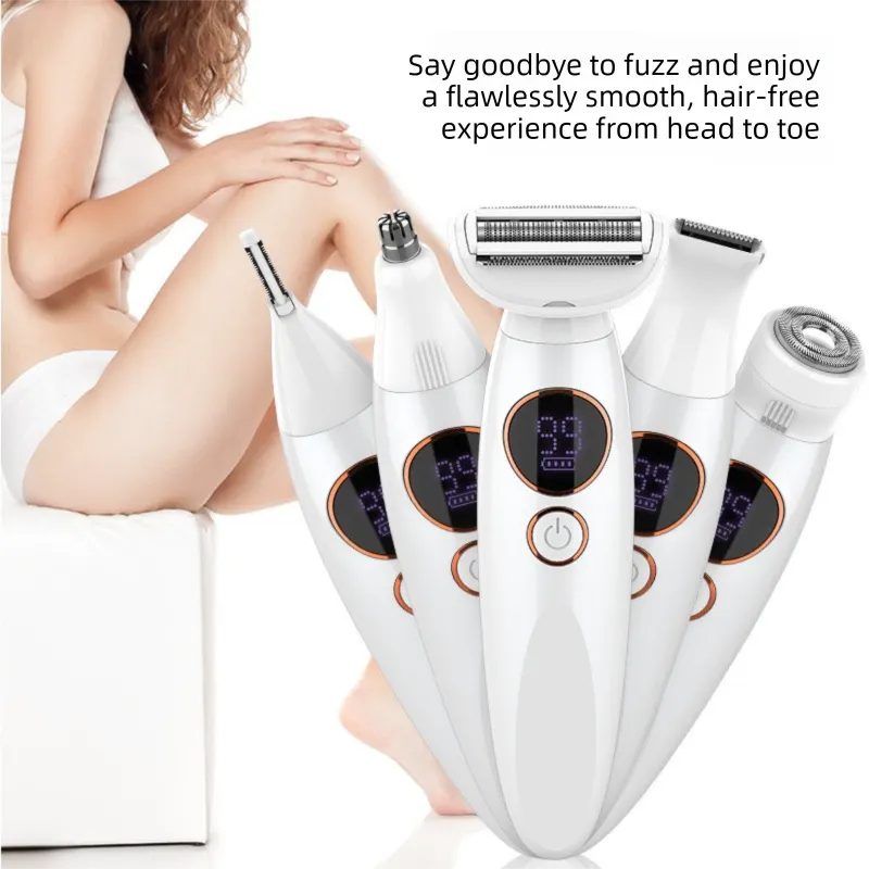 Pink 5-in-1 Women's Hair Removal Epilator – Multi-Function Body Grooming Kit with Waterproof Design, LED Display & USB Charging - Image 3