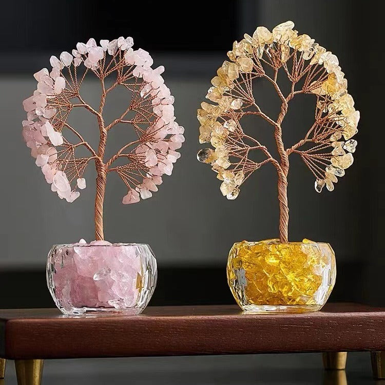 Yellow Natural Crystal Tree Ornament – Handmade Miniature Decorative Tree with Glass Base for Home, Office & Gift - Image 3