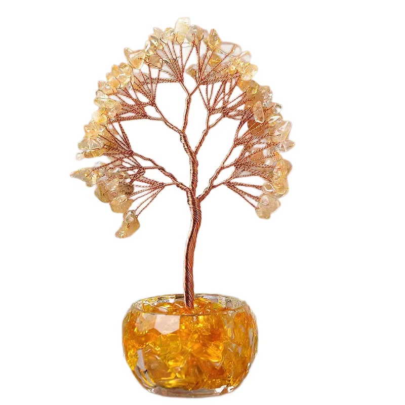 Yellow Natural Crystal Tree Ornament – Handmade Miniature Decorative Tree with Glass Base for Home, Office & Gift - Image 5