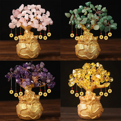 Yellow Handcrafted Crystal Tree Ornament – Resin Money Bag Base with Hanging Coin Charms for Home & Office Decor - Image 3
