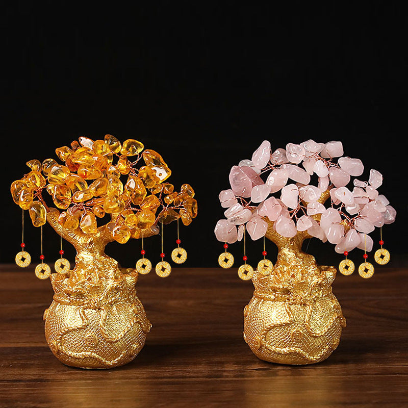 Purple Handcrafted Crystal Tree Ornament – Resin Money Bag Base with Hanging Coin Charms for Home & Office Decor - Image 2