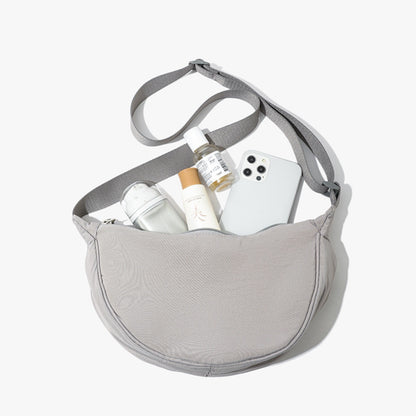 Grey Lightweight Nylon Crossbody Bag – Compact Saddle Style with Adjustable Strap for Everyday Use