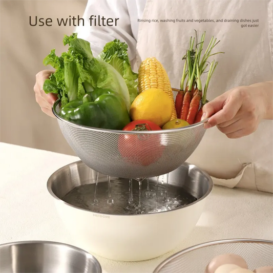 White Stainless Steel Mixing Bowl Set with Colander – Double-Layer Kitchen Basin for Salad, Washing, Mixing & Baking - Image 3