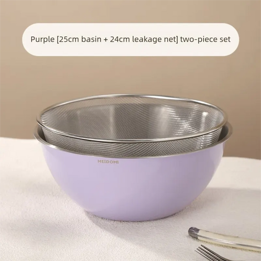 Purple Stainless Steel Mixing Bowl Set with Colander – Double-Layer Kitchen Basin for Salad, Washing, Mixing & Baking